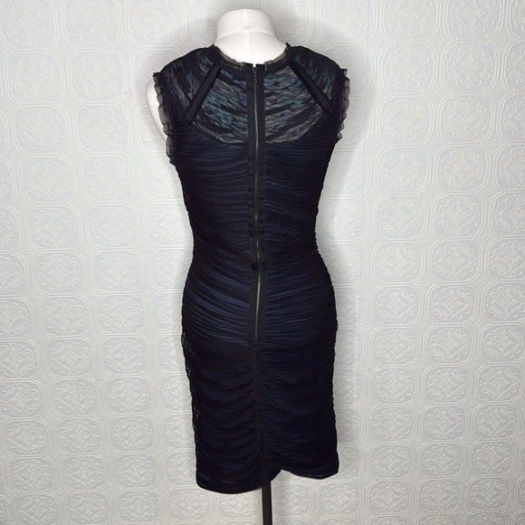 BCBGMAXAZRIA | Black & Green Mesh Black Mini Ruched Dress, Size M - Picture 8 of 12